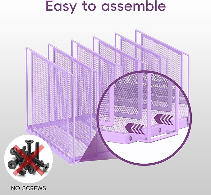 File Organizer for Desk, 5-Section Vertical File Sorter, Paper Holder Organizer Standing Metal File Folder for Office Home Classroom, Purple