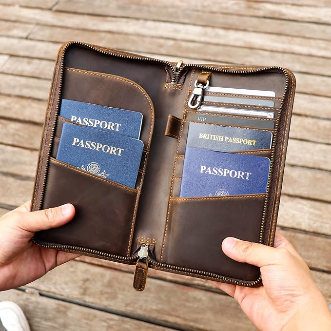 Polare Full Grain Leather Family Travel Passport Wallet and Documents Organizer RFID Blocking Case Holder Fits 6 Passports for Men and Women