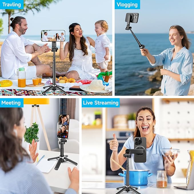 4-in-1 Magnetic Selfie Stick for iPhone - 360°Rotation & Quick-Draw Magnet Tripod for Instant Capture, Ultra-Compact & Pocket-Sized for Classic Selfies, Upper-Body Shots, and Small Group Photos