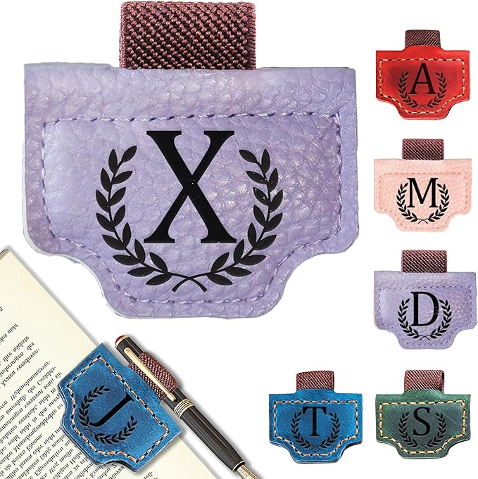 Personalized Bygone Mark Bookmark with Pen Holder, Leather Magnetic Bookmark 26 Letters Name Initial Bookmarks for Readers, Book Lover Gifts for Women Men Notebook Accessories (Purple, X)