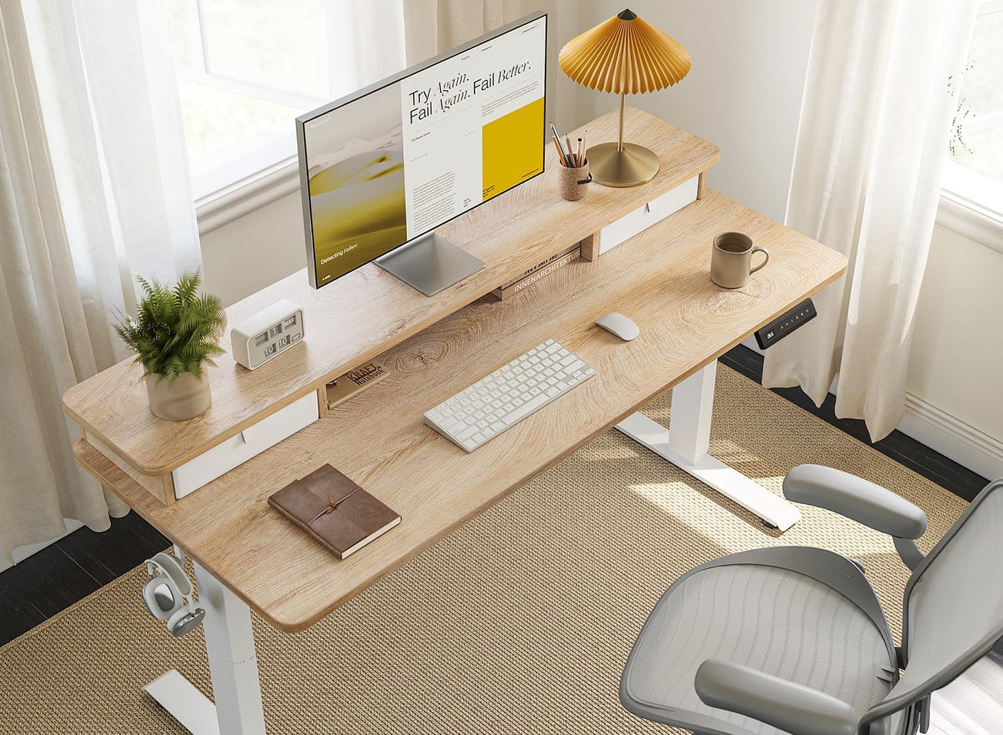 FEZIBO 40 x 24 Inch Height Adjustable Electric Standing Desk with Double Drawer, Computer Desk, Home Office Stand Up Table with 4 Height-Adjustable Feets & 2 Hooks, Maple