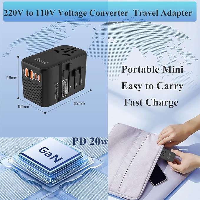 220V to 110V Voltage Converter,US to Europe Travel Converters,Universal International Travel Power Adapter with 2 Type C and 2 USB A Port,DC PD20W & QC 18W, Multi-Plug USA/UK/EU/AUS/China Converter