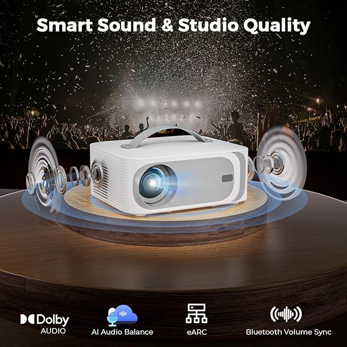 [AI Movin 2.0 System/1200 ANSI/Auto Focus] Projector with WiFi and Bluetooth, Outdoor-Projector 30W DoIby Audio APPS Built-in, Lisowod 1080P Smart Portable 4K Proyector with HDR10+ 2025 Upgraded