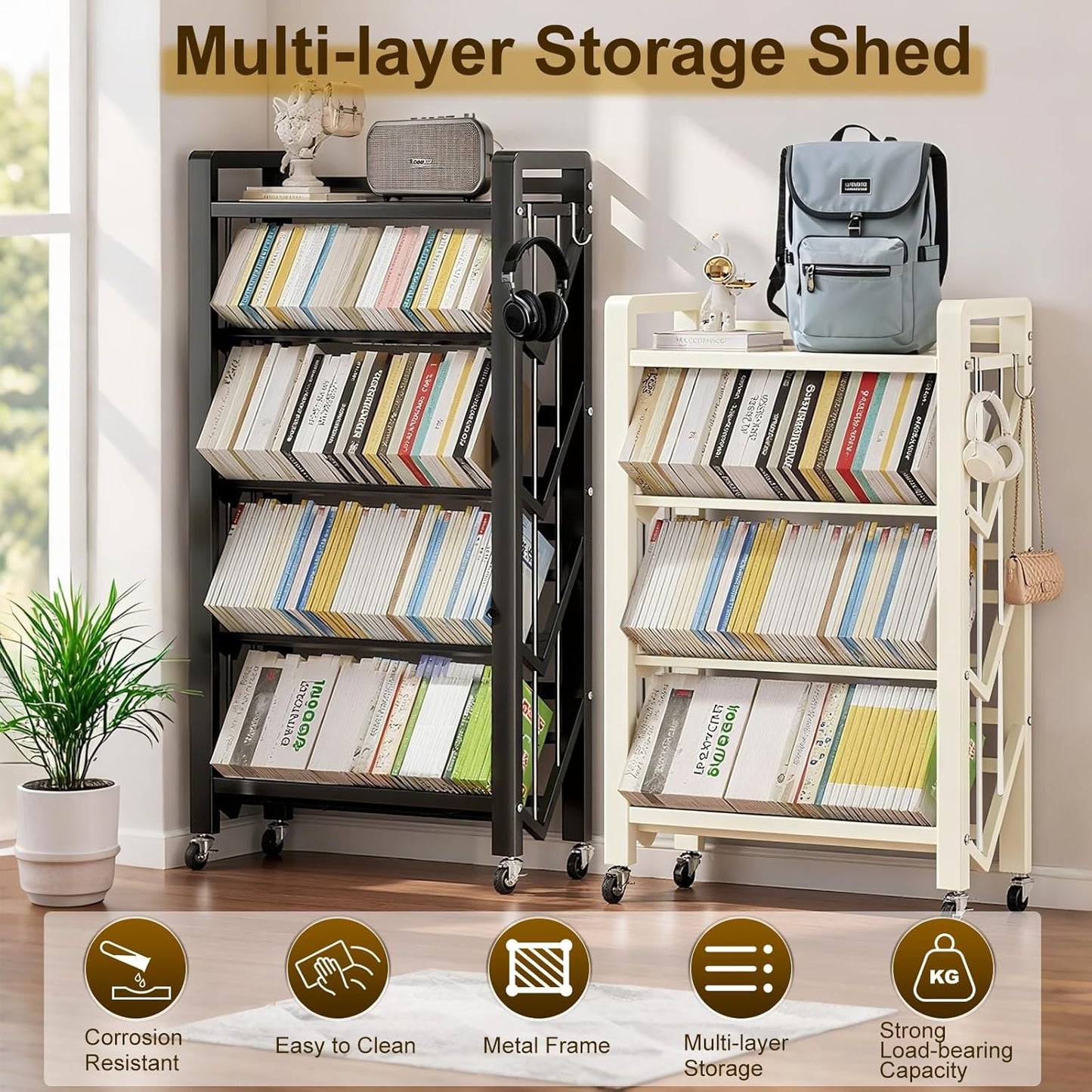 Bookshelf Movable Book Cart Multi-Layer Storage Rack Large-Capacity Rolling Cart L-Shaped Carbon Steel Shelf Suitable for Storing Books, Magazines, Newspapers, Shoes