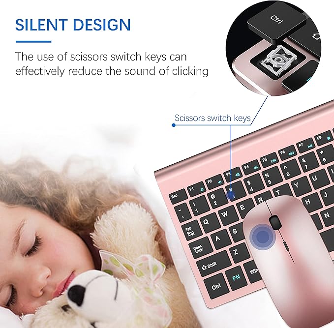 Wireless Keyboard and Mouse Ultra Slim Combo, TopMate 2.4G Silent Compact USB 2400DPI Mouse and Scissor Switch Keyboard Set with Cover, 2 AA & 2 AAA Batteries,for PC/Laptop/Windows/Mac-Rose Gold Black