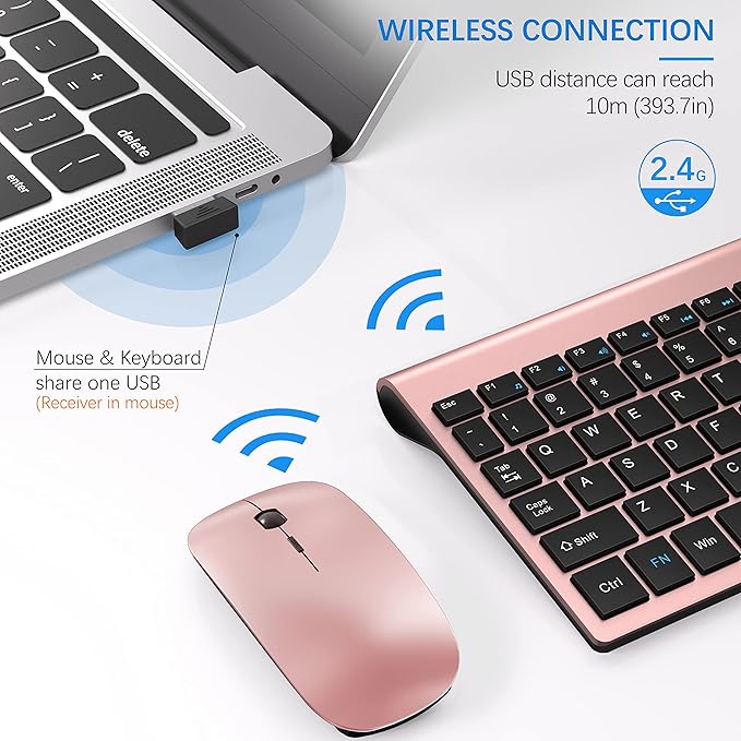 Wireless Keyboard and Mouse Ultra Slim Combo, TopMate 2.4G Silent Compact USB 2400DPI Mouse and Scissor Switch Keyboard Set with Cover, 2 AA & 2 AAA Batteries,for PC/Laptop/Windows/Mac-Rose Gold Black