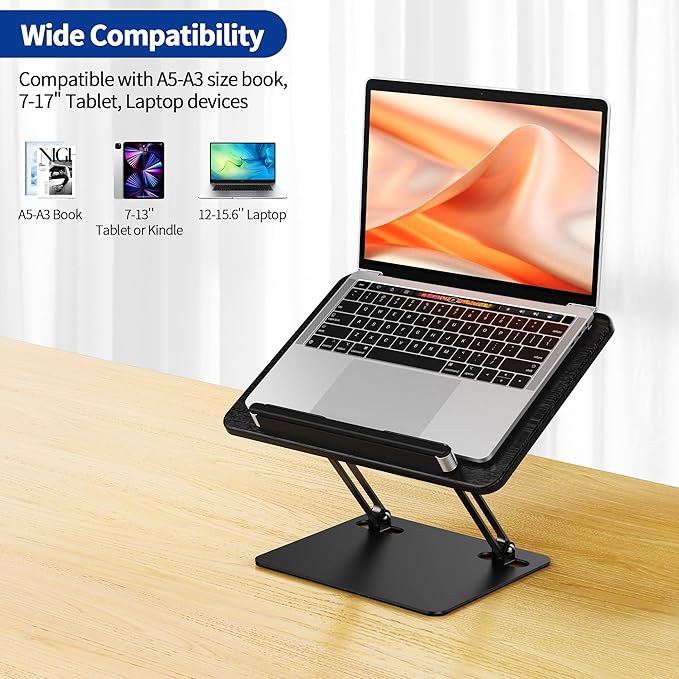 BESIGN BS01 Book Stand for Reading, Adjustable Book Holder, Ergonomic Laptop Stand with Elastic Page Clips for Music Scores, Recipe, Tablet, Laptop (Black)