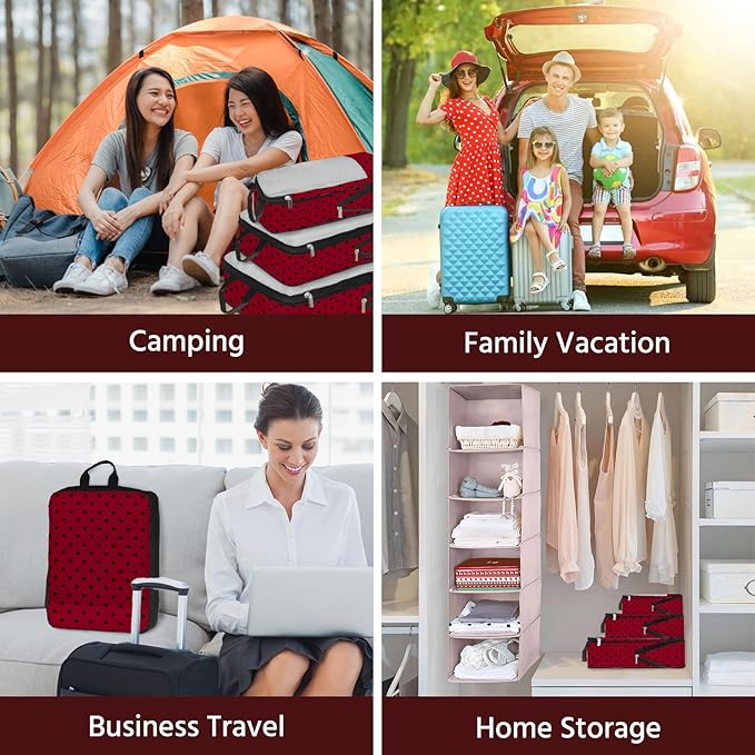 7 Pcs Compression Packing Cubes for Travel, Waterproof Suitcase Luggage Backpack Organizer with Toiletry Bag Travel Essentials for Women/Men-Polka Dots