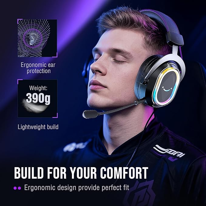 FIFINE Wired Gaming Headset: 7.1 Surround Sound - Vibrant RGB Lighting - NC Mic - Ergonomic Ear Pads - Control Box, Streaming USB Headset for PC, PS5/PS4, Laptop, Mac - AmpliGame H13BP (Black&Purple)