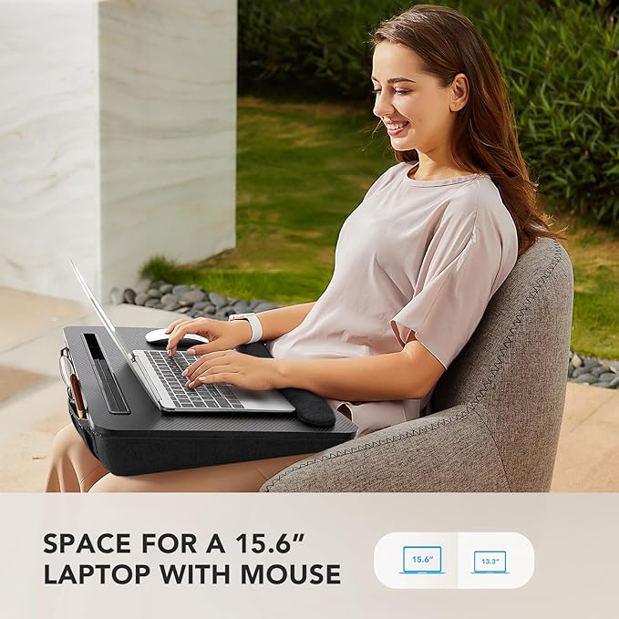 HUANUO Lap Laptop Desk - Portable Lap Desk with Cushion, Fits up to 17 inch Laptop, with Anti-Slip Strip & Storage Function for Home Office Students Use as Computer Laptop Stand - Black, HNLD28B