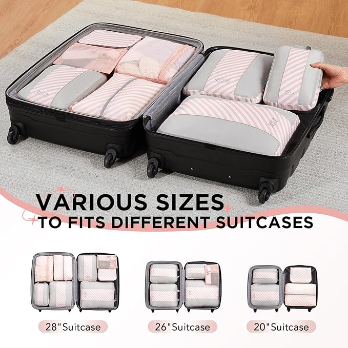 8 Set Compression Packing Cubes for Travel Essentials,Compressible Expandable Packing Cubes for Suitcase,OlarHike Luggage Organizer Bags for Travel,Handy Helper for Organizing Clothes(Pink Stripped)