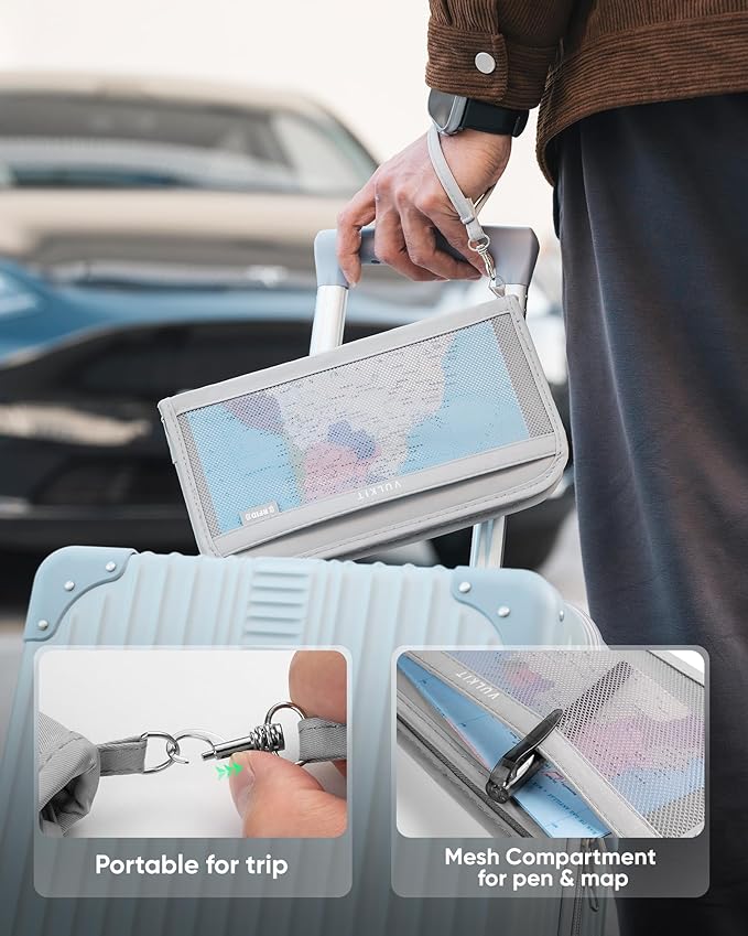 VULKIT Passport Wallet Passport Family Holder RFID Blocking Travel Card Organizer with Wrist Strap for Men or Women(Grey)