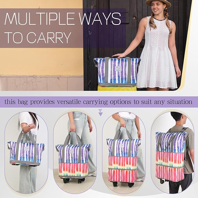 VOOWO Rolling Duffel Bag - Foldable Expandable Duffle With Wheels for Travel, Luggage Carry On, Large Backpack Weekend Bag for Men Women (Rainbow)