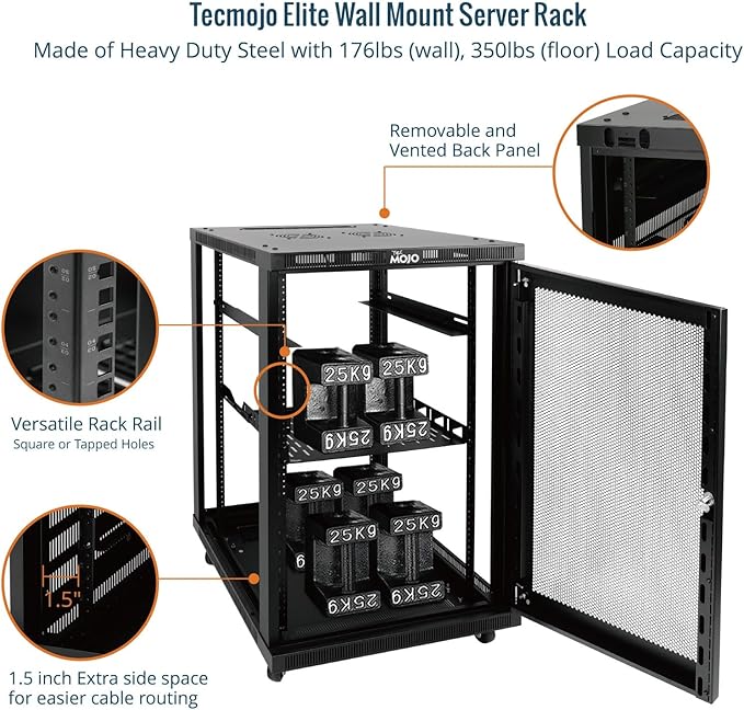 Tecmojo 18U Wall Mount Rack,18U Rack 23.6 Inch Depth,Hold Up to 176 Lbs,Server Rack with Casters,Enclosed Network Cabinet Kit for 19 Inch Network,Server and AV Gear,Mesh Door(Elite Collection)