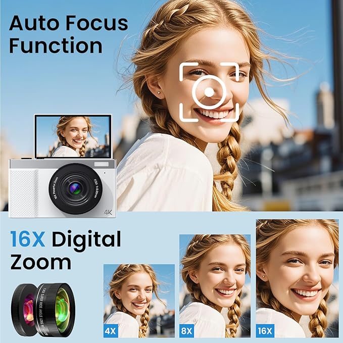 4K Digital Camera, 64MP Vlogging Camera for Photography with 3" 180° Flip Screen,Macro and Wide-Angle Lenses,16X Digital Zoom Point and Shoot Camara with 64GB Micro SD Card for Beginner, Teens