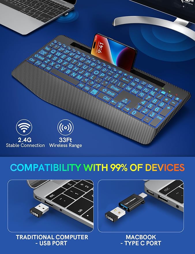 Wireless Keyboard with 7 Colored Backlits, Wrist Rest, Phone Holder, Rechargeable Ergonomic Computer Keyboard with Silent Keys, Full Size Lighted Keyboard for Windows, Mac, PC, Laptop (Large Print)
