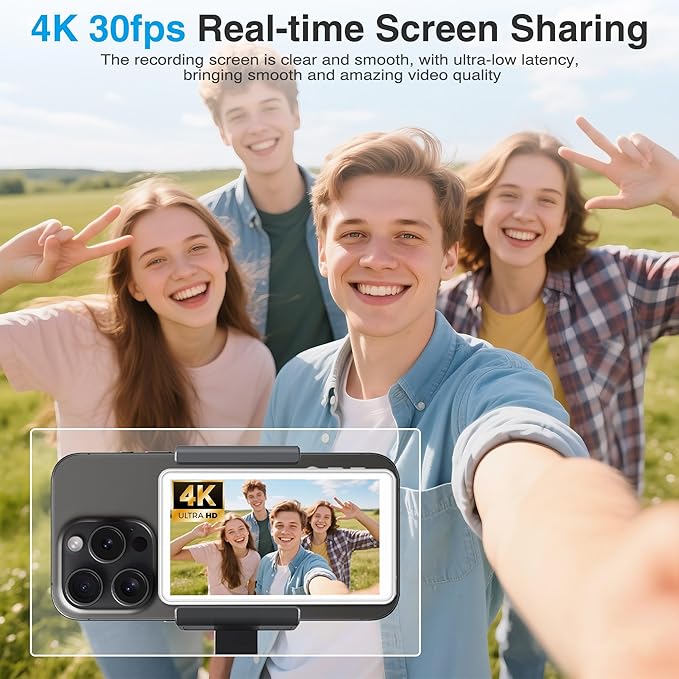 Selfie Monitor Screen Phone- Magnetic Phone Vlog Back Camera Selfie Monitor - 1080P Display can Wirelessly Connect to Mobile Phones - Selfie Screen Compatible with iPhone & Android (White)
