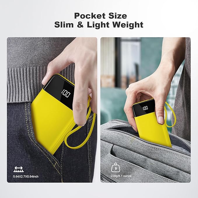 Power Bank 10000mAh Portable Charger with 4 Built-in Cables, Type-C in & Out Phone Charger, External Battery Charger Pack & Travel Essential for iPhone 16/15/14, Samsung, iPad, Android