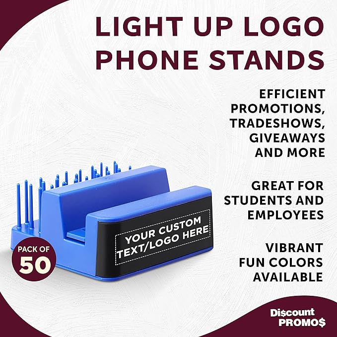 DISCOUNT PROMOS Custom Light Up Logo Phone Stands Set of 50, Personalized Bulk Pack - Essential Smartphone Accessory, Perfect for Office and Home - Blue