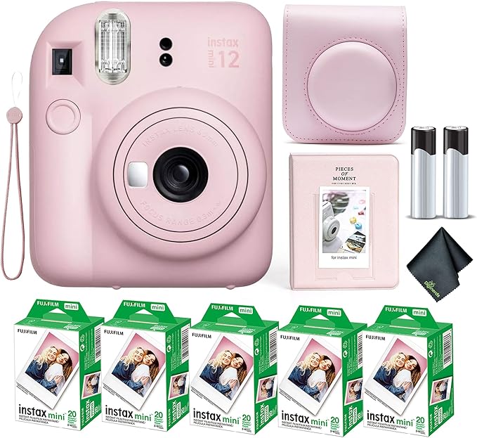 Fujifilm Instax Mini 12 Instant Camera Blossom Pink Bundle with Fuji Instax Mini Film Value Pack (100 Sheets) + Protective Carrying Case + Photo Album + Microfiber Cleaning Cloth