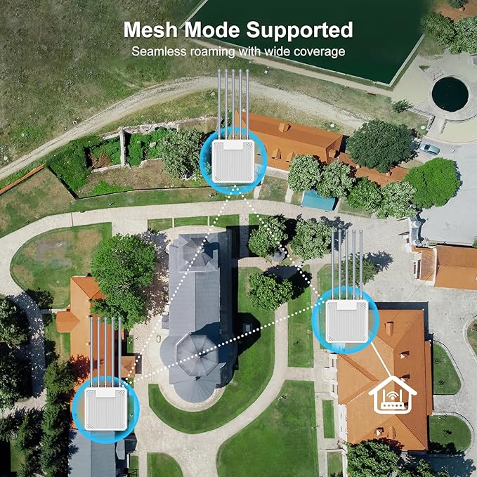 AX3000 WiFi 6 Outdoor Extender Long Range, IP67 Waterproof Wireless Access Point Signal Booster, VunLink 5G+2.4G Dual-Band WiFi Repeater, 5×8dBi Antennas, Mesh Mode, for Starlink, Yard, Farm, RV.
