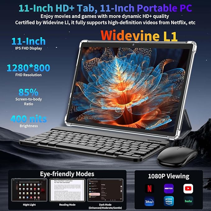 Android 15 Tablet, 2025 Upgraded 11 inch Android Tablets with Keyboard, 24GB+256GB+2TB Expand, Support Face Unlock+18W Fast Charging, Octa-Core CPU,Dual WiFi, Dual Camera,8000mAh Battery, Silver