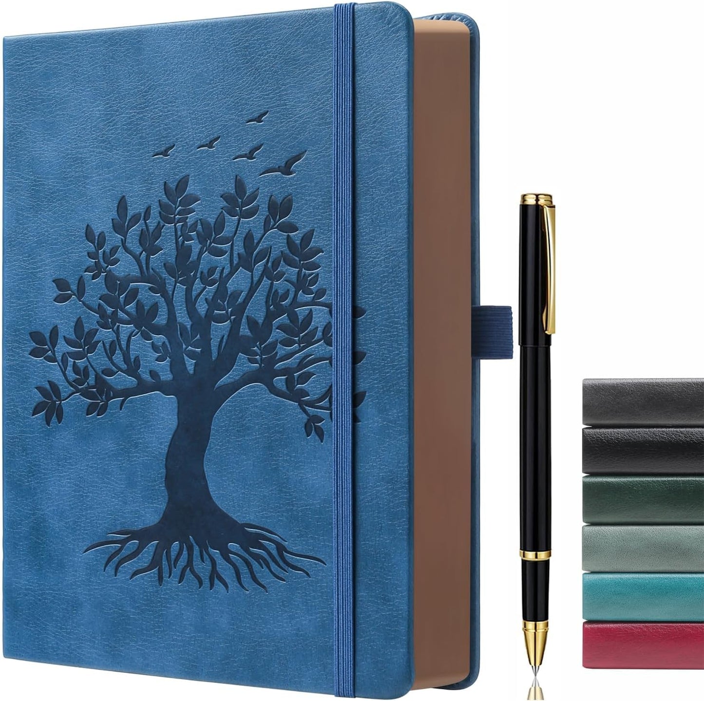 ZXHQ A5 360 Pages Lined Journaling Notebooks with Pen, Journals for Women Men Writing Notebook, Tree of Life Design, Brown Edge Fine Inner Pocket - Blue
