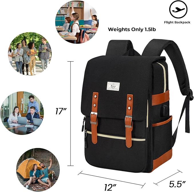 Ronyes Vintage Laptop Backpack for Women Men,15.6 inch Bookbag Casual Daypack with USB Charging Port for College Work, Black Backpacks