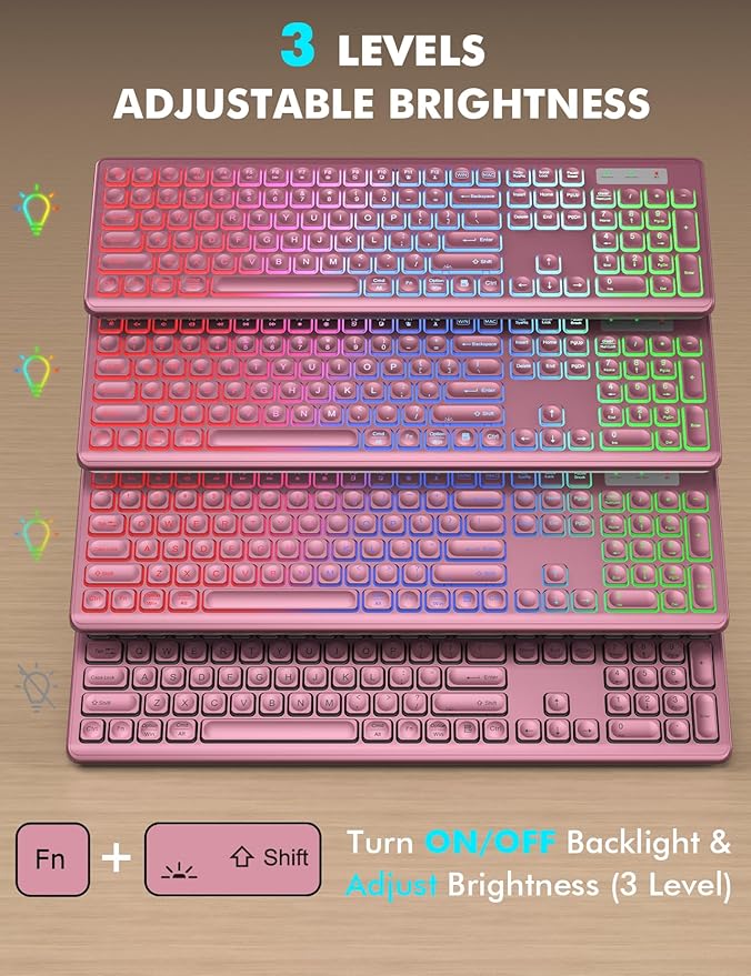 Wireless Keyboard and Mouse Combo - RGB Backlit, Rechargeable & Light Up Letters, Full-Size, Ergonomic Tilt Angle, Sleep Mode, 2.4GHz Quiet Keyboard Mouse for Mac, Windows, Laptop, PC