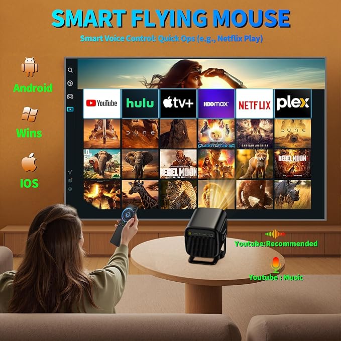 [Built-in App] Mini Projector 1080P FHD 4K Support Projector with Mouse Portable Projector with WiFi and Bluetooth 180° Adjustable Auto Keystone Portable Projector 4K