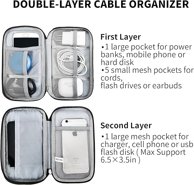 SMONT Cord Cable Organizer Travel Charger Bag Electronic Pouch Case Black