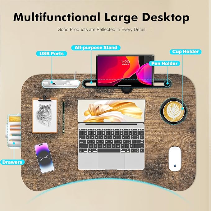 Lap Desk for Bed Adjustable Height, Foldable Bed Table with Storage Drawer, Tablet Slot & Cup Holder, Portable Laptop Stand for Bed & Sofa, Bed Desk for Adults & Kids, Carbonized