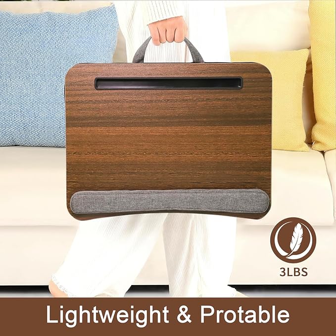 Portable Lap Desk for Laptop with Cushion, Storage Bag Fits Up to 15.6 Inch Laptop, Adults with Ipad/Phone&Pillow Holder for Home Office Bed Couch - Walnut Color