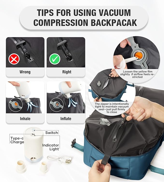 Vacuum Travel Backpack with Pump for Women,Airback Personal Item Carry on Backpacks Flight Approved for Men,Laptop Waterproof Work Compression bags Casual Daypack(Blue)