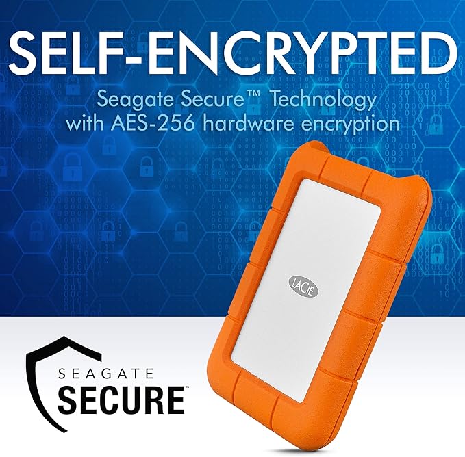 LaCie Rugged Secure 2TB External Hard Drive Portable HDD – USB-C USB 3.0 Drop Shock Dust Rain Resistant Computer Desktop Workstation Laptop Hardware Encryption, 1 Month Adobe CC (STFR2000403)