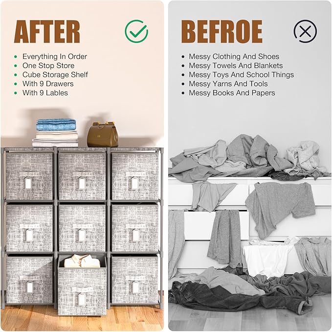 9 Cube Closet Organizer with Beautiful Printed Drawers + Labels, Storage Shelf, Toy Cubby Organizer