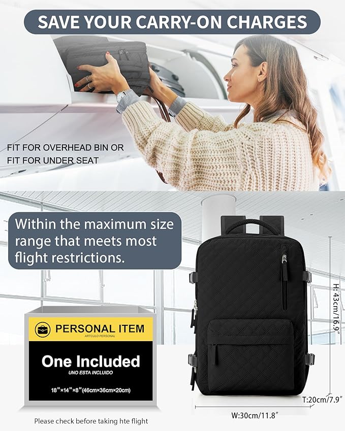 VECAVE Travel Carry on Laptop Backpack for Women Men, Flight Approved Backpack, Waterproof Sports College bag Casual Daypack for Weekender Business Hiking with Shoe Compartment black