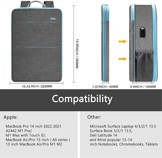 ZINZ Slim & Expandable Laptop Backpack Water Resistant Travel Backpack Compatible with MacBook Air/Pro 13-14 inch XPS 13 Surface 13.5" and Most 13-14 inch NoteBooks,G01BL01