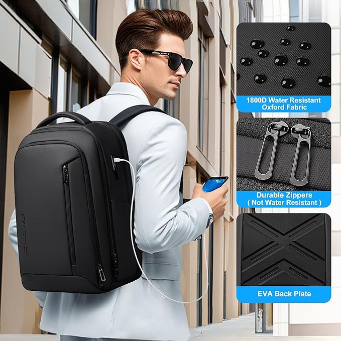 Business Travel Backpack for Men, Expandable Water Resistant 17 Inch Laptop Backpack with USB Port, Black Computer Backpack for College/Work