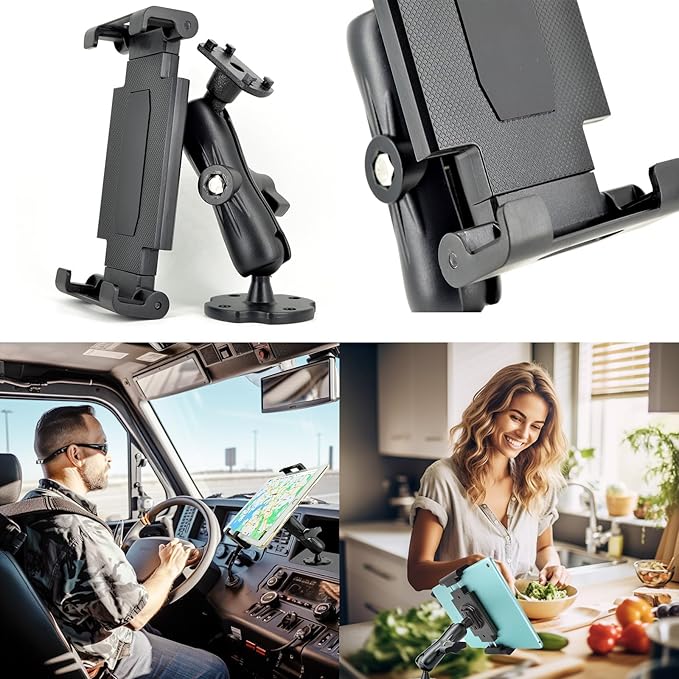 Aluminum Arm Heavy Duty Tablet Mount Drill Base - for 6.5"-12.9" Tablet iPad Pro/Mini, iPad Holder for Truck, Car,Dashboard,Desk,Wall-Swivel with 1 inch/25mm Ball Joint