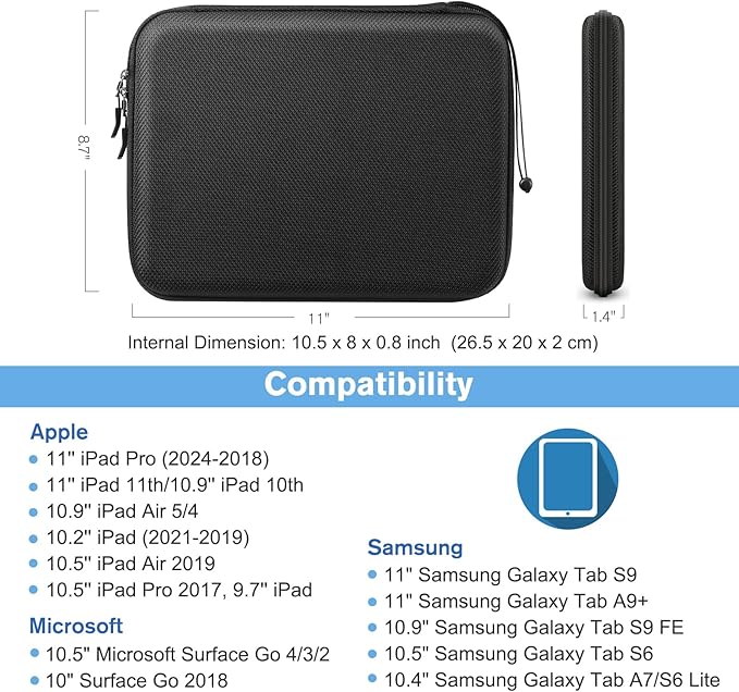 FINPAC Hard Tablet Sleeve Case for 11-inch iPad 11th 10th / Air M3 2025 M2 2024 / Pro M4 2024 / Pro 4th/3rd,10.9-inch iPad Air 5/4, Tablet Carrying Sleeve for 10.2 inch, Surface Go, Black