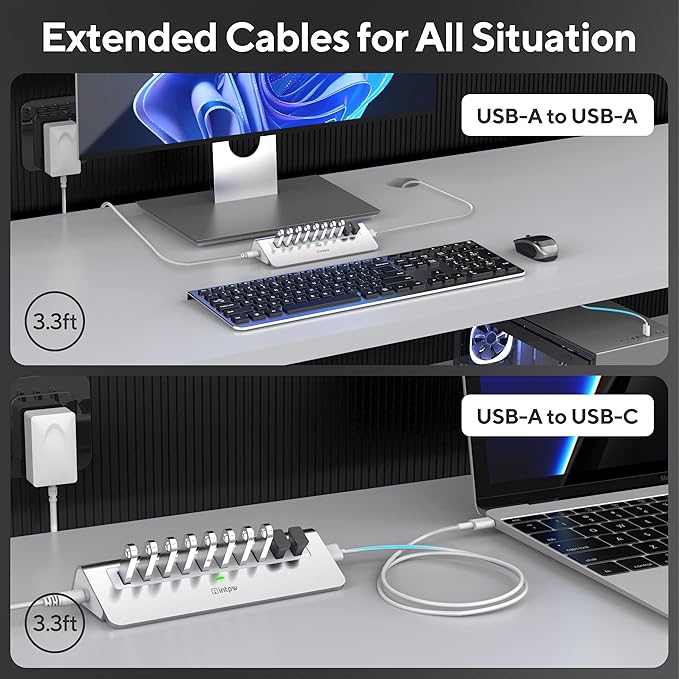 Powered USB Hub, intpw 10 Port USB 3.1 Hub with 10Gbps Data Transfer, 36W(12V/3A) Power Adapter, USB Type A and Type C Cable, Aluminum USB Hub for Laptop, MacBook and Desktop Computer