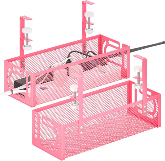 Under Desk Cable Management Tray, 15.7'' No Drill Steel Desk Cable Organizers, Wire Management Tray Cable Management Rack (2 Packs-Pink)