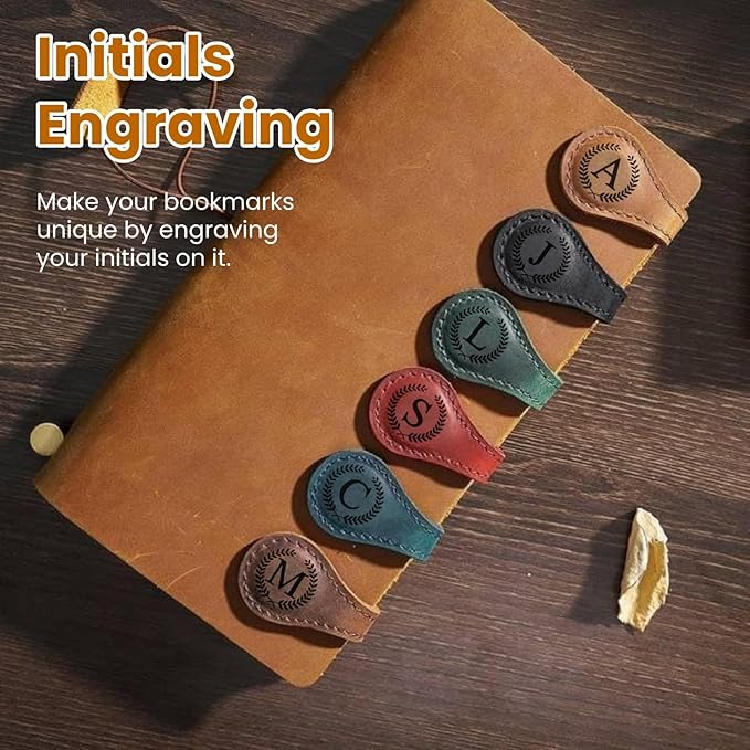 Personalized Magnetic Leather Bookmarks with Initial, 26 Letters Custom Handmade Magnet Book Marks Clips, Gifts for Reading Women, Men, Book Lovers, Kids, Readers Accessories