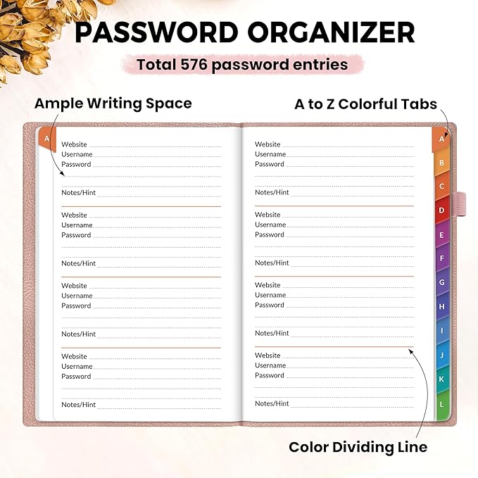 SUNEE Password Book with Colorful Alphabetical Tabs, Password Books for Seniors, Password Keeper Book for Computer and Internet Address Website Login, 5.3''x 7.7''- Rose Gold