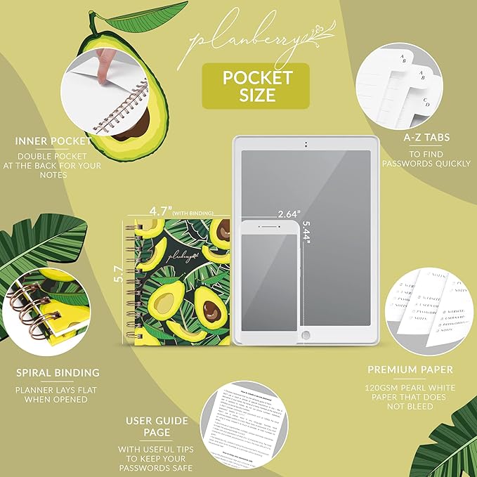 PLANBERRY Password Book Premium – Small Internet Address Organizer with A-Z Tabs – Pocket Website Password Keeper with Alphabetical Tabs – 4.7x5.7″, Hardcover (Avocado Green)
