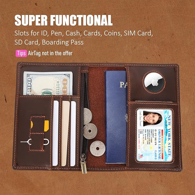 STAR VISTA Phoenix Leather Passport Holder, Full Grain Leather Travel Wallet - Slim, Bifold, RFID Blocking, ID Window, Coin Pocket, Card Slots, SIM Slots, AirTag Holder