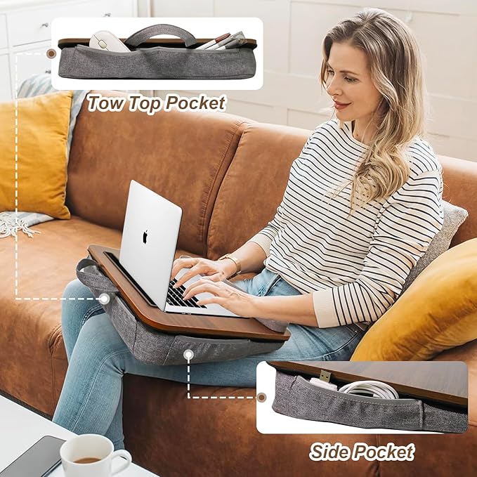 Portable Lap Desk for Laptop with Cushion, Storage Bag Fits Up to 15.6 Inch Laptop, Adults with Ipad/Phone&Pillow Holder for Home Office Bed Couch - Walnut Color