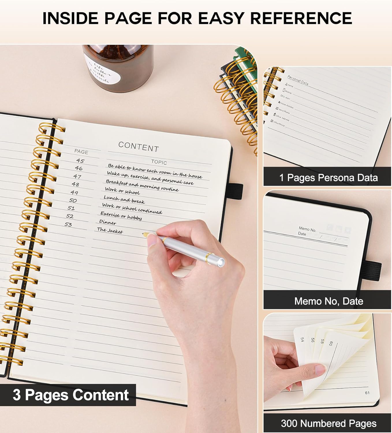 Spiral Notebook Journal for Women Men, 300 Numbered Lined Pages, College Ruled, A5 Hardcover Spiral Bound Notebook for School, Work, Note Taking Writing, Leather Spiral Journal Medium 5.9"x8.5"