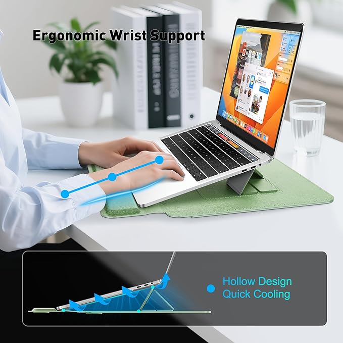 AboveTEK Laptop Sleeve Case for 13-14 inch MacBook Air/Pro, Slim Laptop Case with Stand, Ergonomic Wrist Rest & Mouse Pad, Waterproof Anti-Scratch Leather Bag for 13-14 Surface HP (Sage Green)